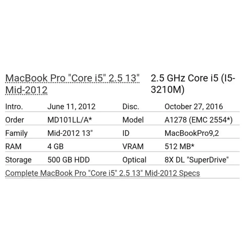 Apple MacBook Pro 13 Inch laptop 4GB Mid 2012 2.5 GHZ Intel Core i5 No Charger